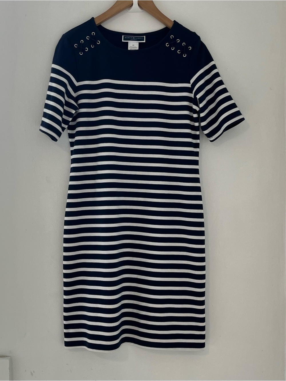 Karen Scott Navy and White Striped Midi Dress with Grommet Detail